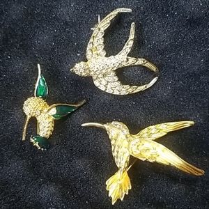 3 Gold Painted Hummingbirds Brooches Swarovski gem